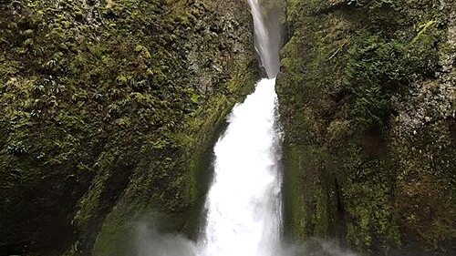 Wahclella Falls dropping into a rocky forested amphitheater