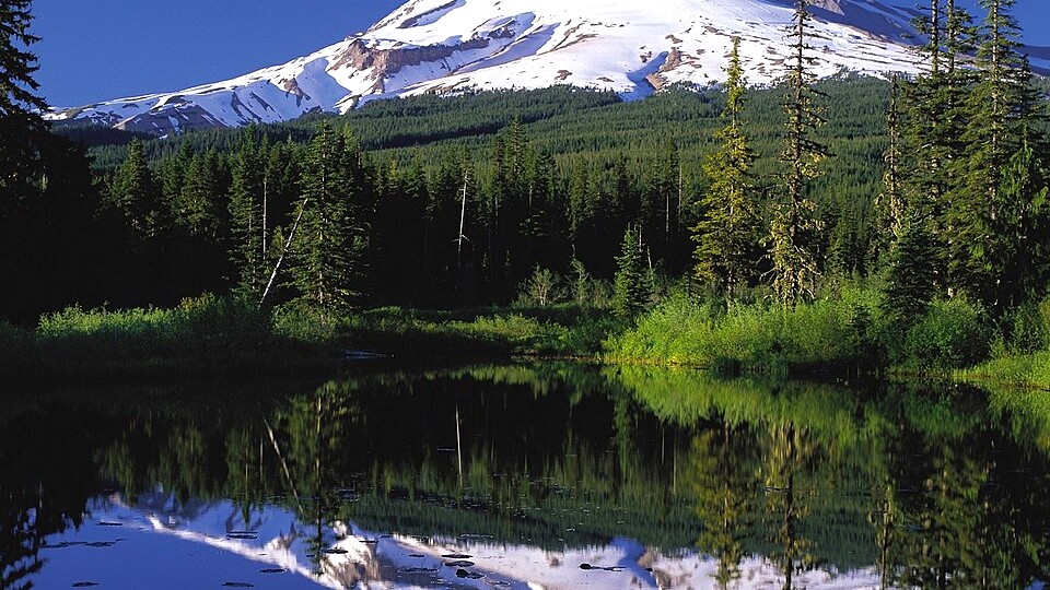 Mount Hood reflected in Mirror Lake during open-water conditions