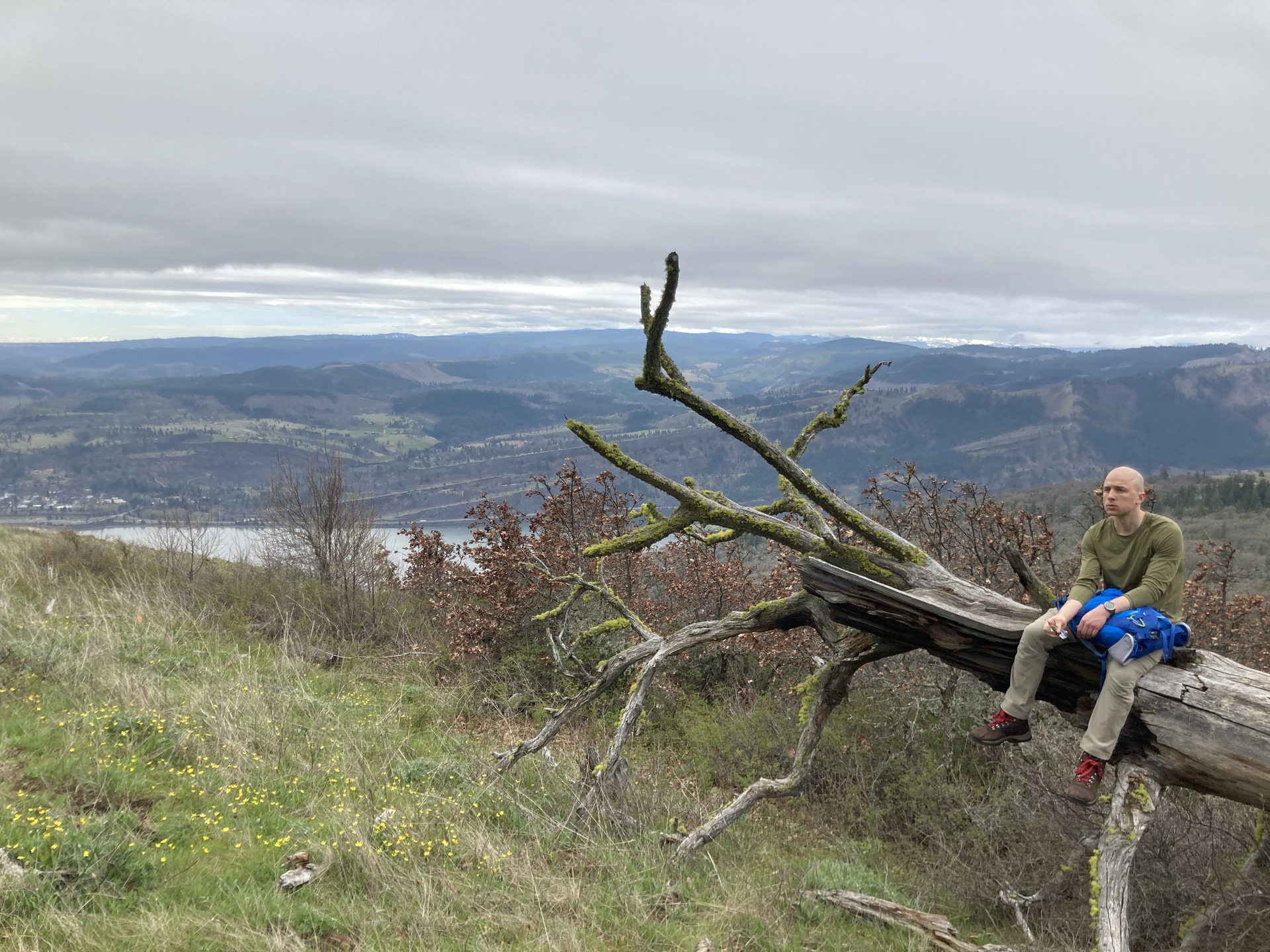 A hiker resting beside a fallen tree on an open slope at Coyote Wall
