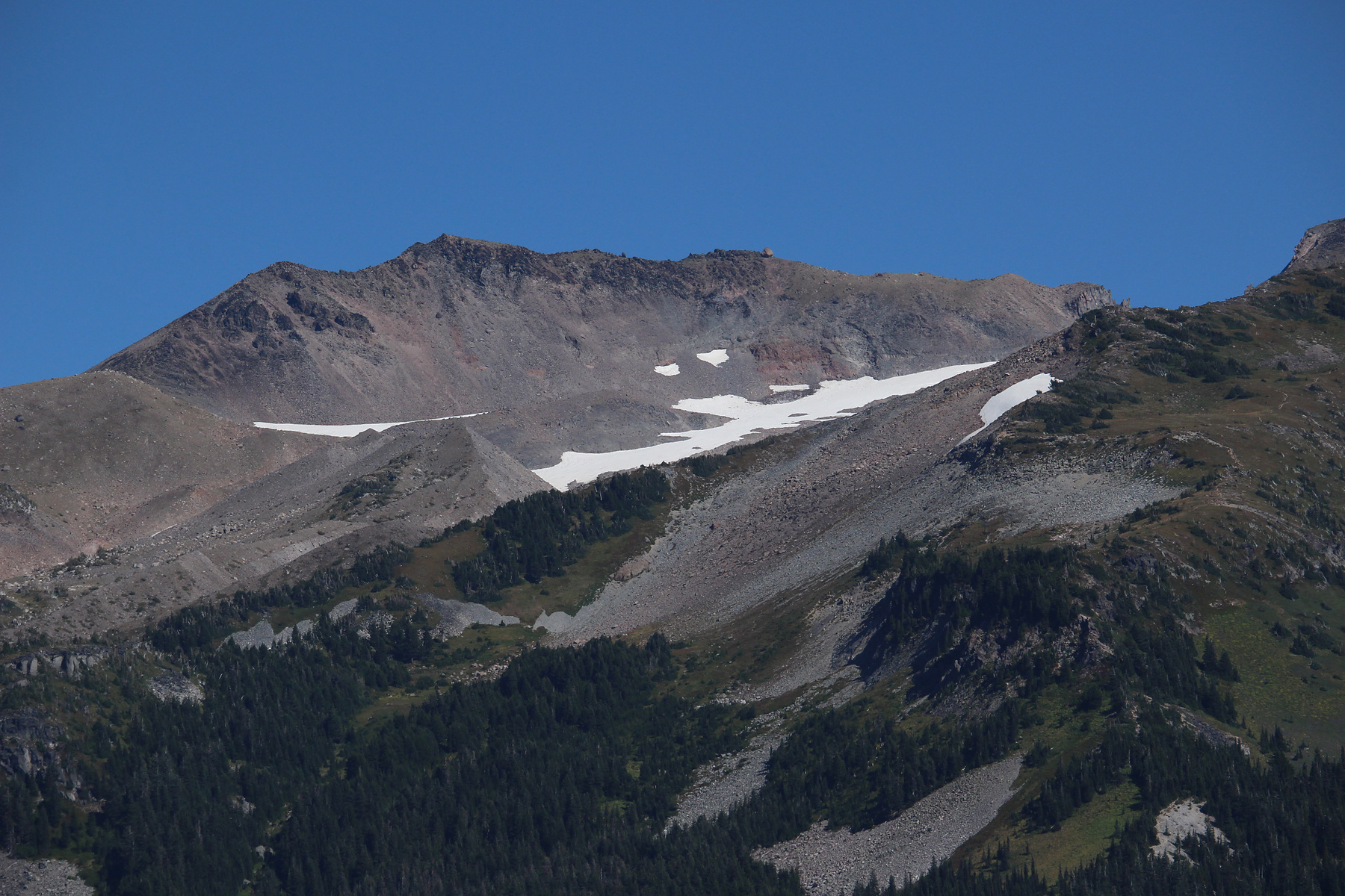 Barrett Spur with snow patches and McNeil Point on the lower-right forested bluff.