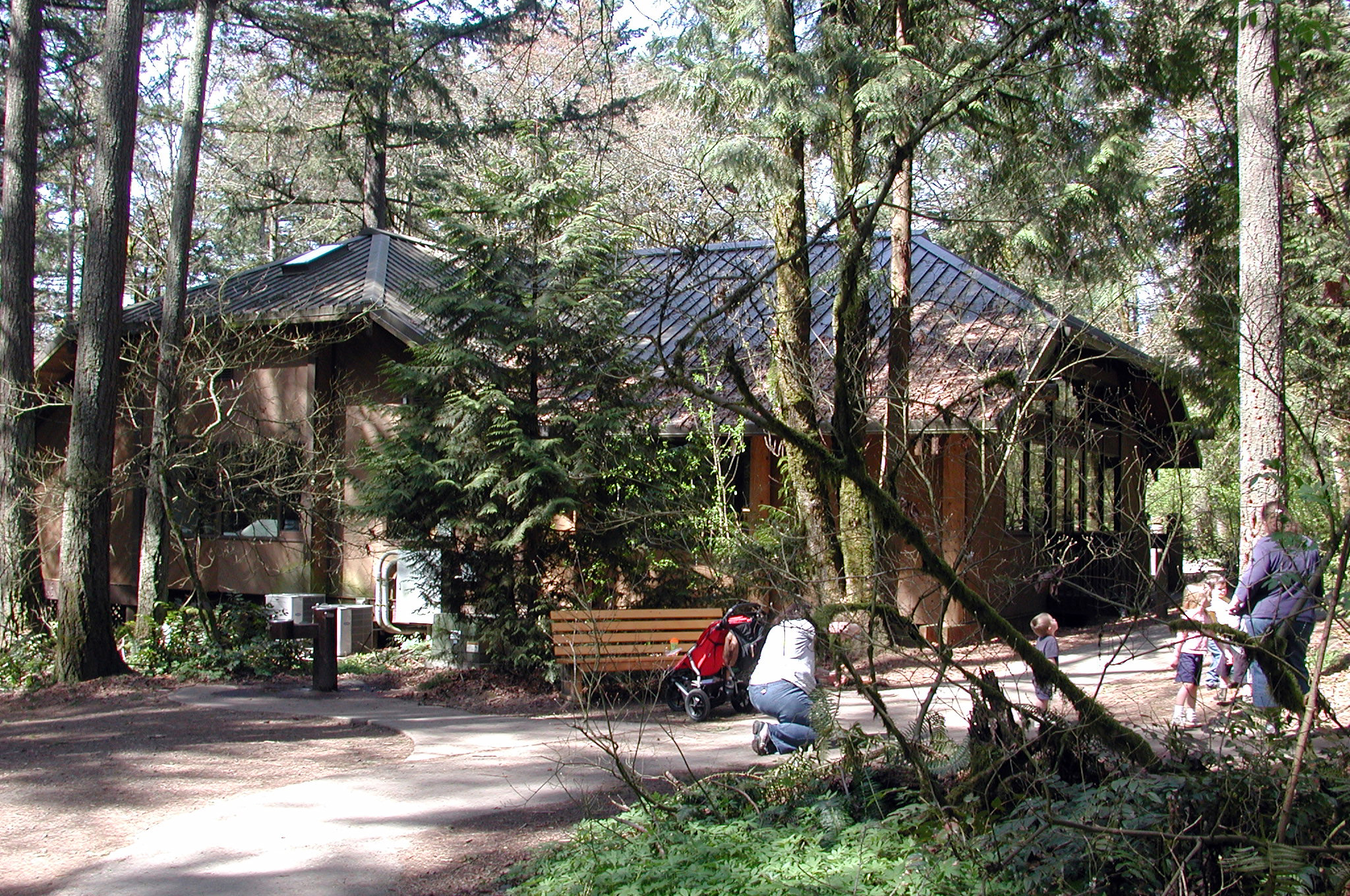 Tryon Creek Nature Center and shelter among trees near the main trail access.